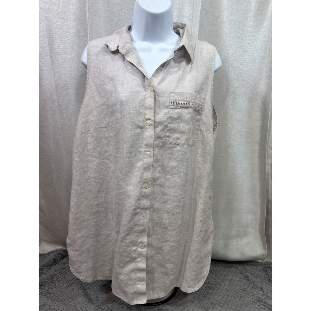 Chicos No Iron Linen Sleeveless Tunic Top Beige Ladder Stitch Size 2 Large 12/14